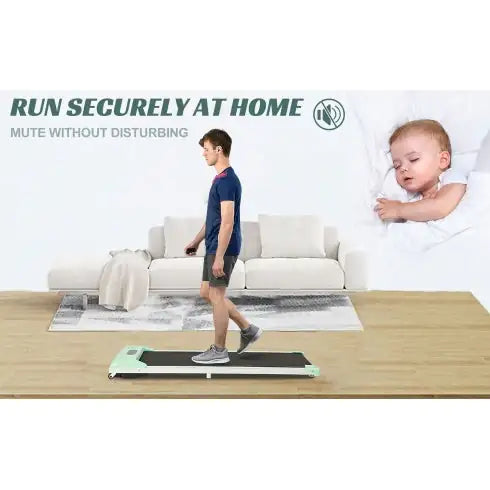 Compact green under-desk treadmill with remote control, LED display & quiet motor for home & office fitness.