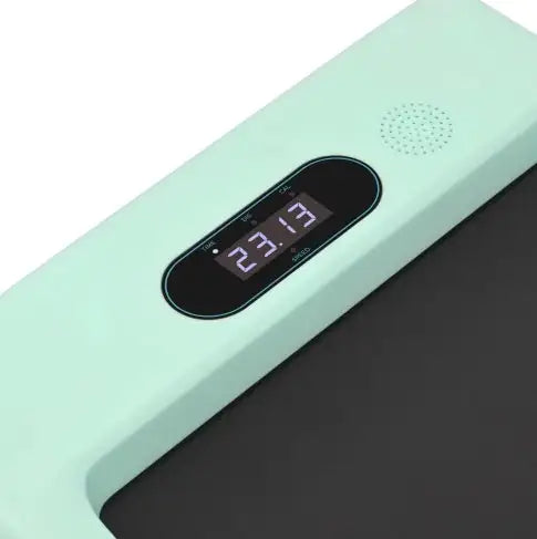 Compact green under-desk treadmill with remote control, LED display & quiet motor for home & office fitness.