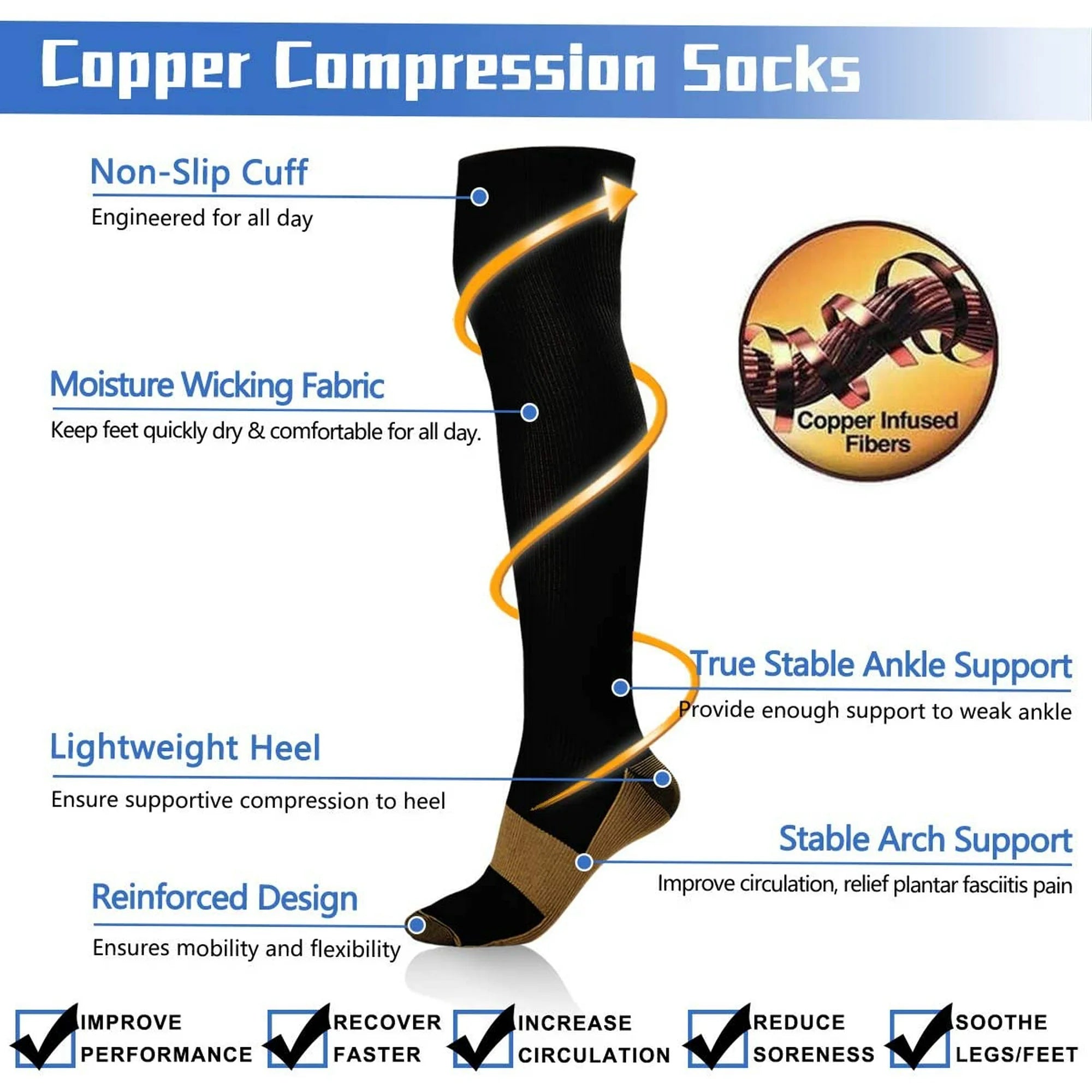 Breathable copper compression socks for pain relief, swelling & fatigue – 3-pack or 6-pack.