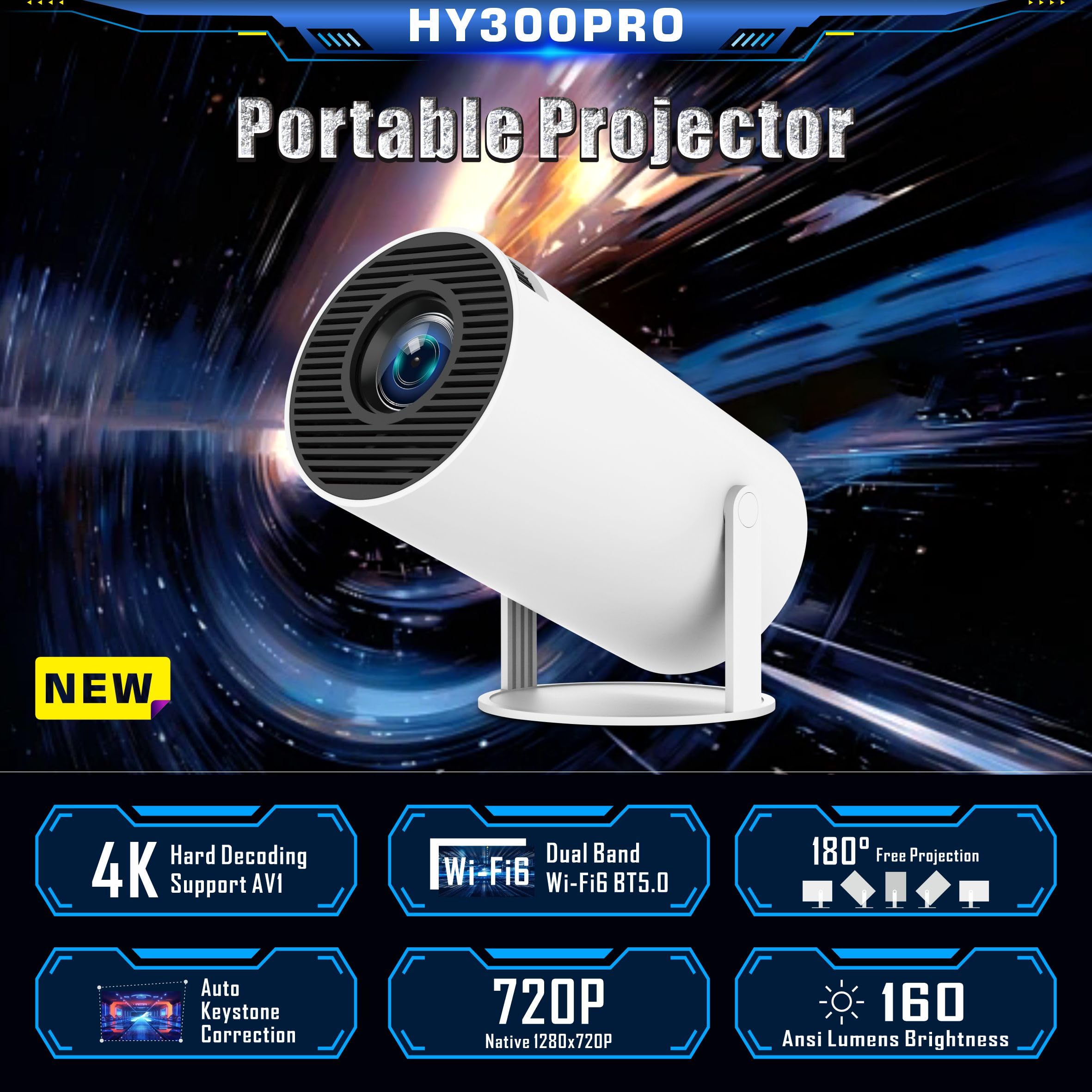 Smart Portable Projector with Auto Correction & 180° Rotation