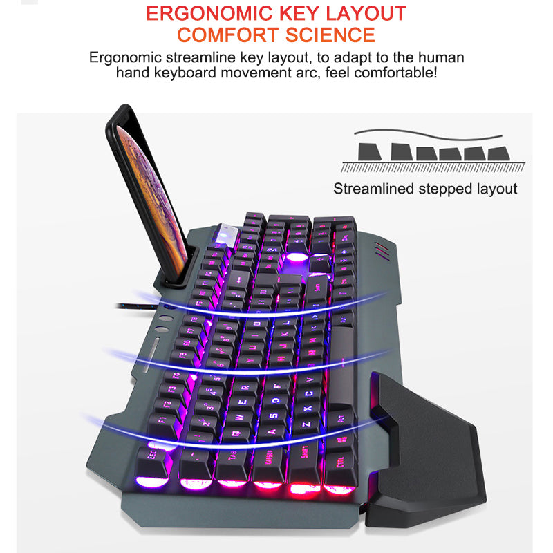 Ergonomic Gaming Keyboard With RGB Backlight And Phone Holder