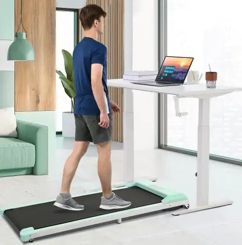 Compact green under-desk treadmill with remote control, LED display &amp; quiet motor for home &amp; office fitness.