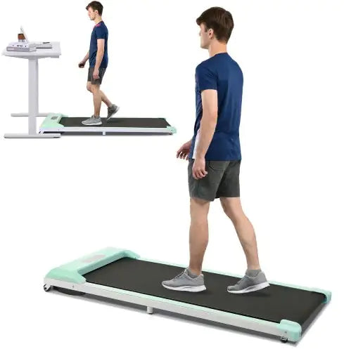 Compact green under-desk treadmill with remote control, LED display &amp; quiet motor for home &amp; office fitness.