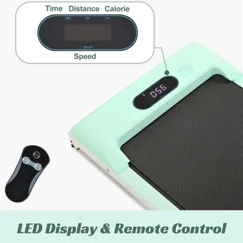 Compact green under-desk treadmill with remote control, LED display &amp; quiet motor for home &amp; office fitness.