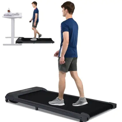 Compact green under-desk treadmill with remote control, LED display &amp; quiet motor for home &amp; office fitness.