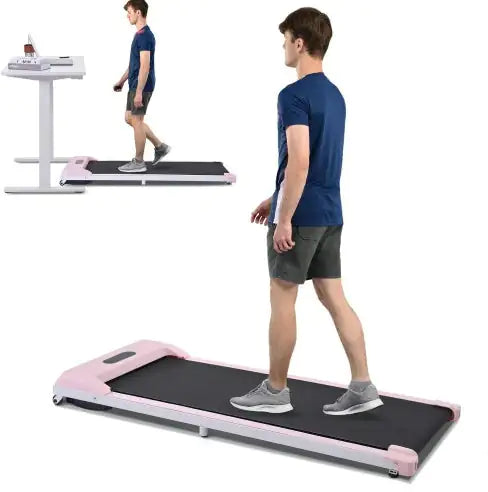 Compact green under-desk treadmill with remote control, LED display &amp; quiet motor for home &amp; office fitness.