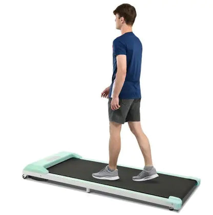 Compact green under-desk treadmill with remote control, LED display &amp; quiet motor for home &amp; office fitness.