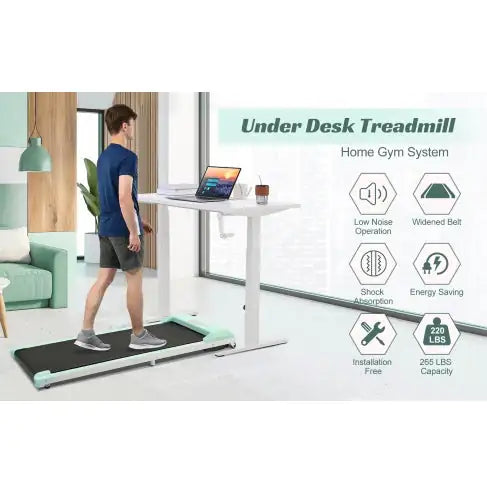 Compact green under-desk treadmill with remote control, LED display &amp; quiet motor for home &amp; office fitness.