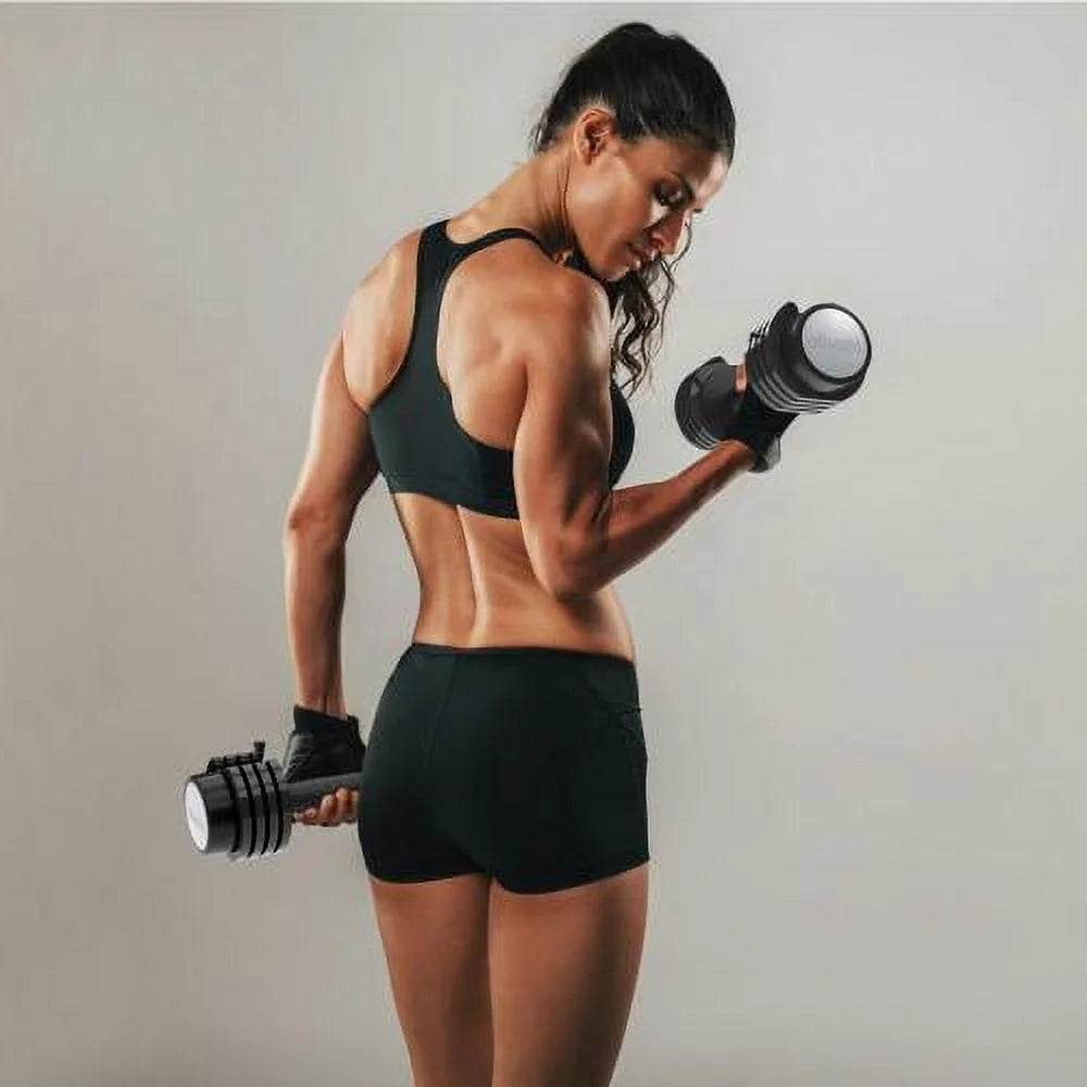 Adjustable dumbbell with rotating handle, 10-55 lbs, compact and space-saving, perfect for home strength training with quick weight adjustment.