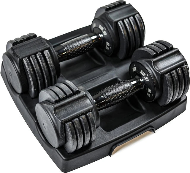 Adjustable dumbbell with rotating handle, 10-55 lbs, compact and space-saving, perfect for home strength training with quick weight adjustment.