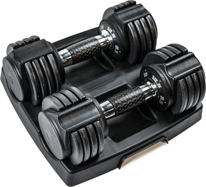 Adjustable dumbbell with rotating handle, 10-55 lbs, compact and space-saving, perfect for home strength training with quick weight adjustment.