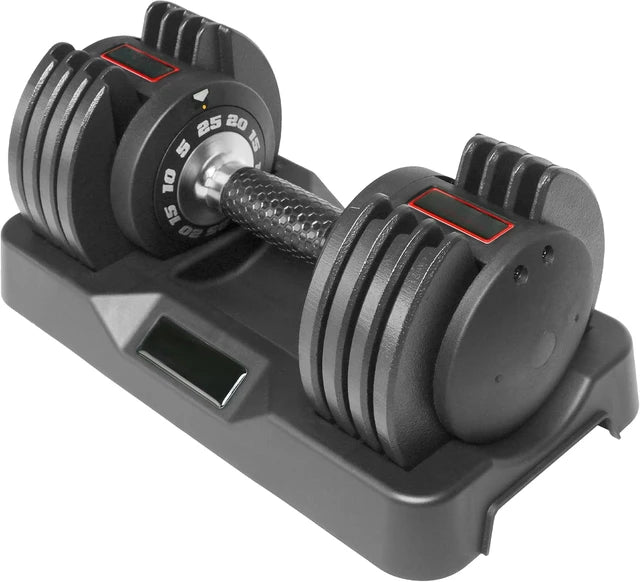 Adjustable dumbbell with rotating handle, 10-55 lbs, compact and space-saving, perfect for home strength training with quick weight adjustment.