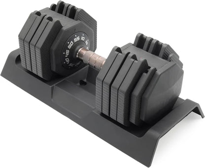 Adjustable dumbbell with rotating handle, 10-55 lbs, compact and space-saving, perfect for home strength training with quick weight adjustment.