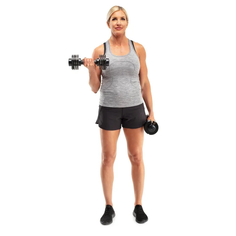 Adjustable dumbbell with rotating handle, 10-55 lbs, compact and space-saving, perfect for home strength training with quick weight adjustment.