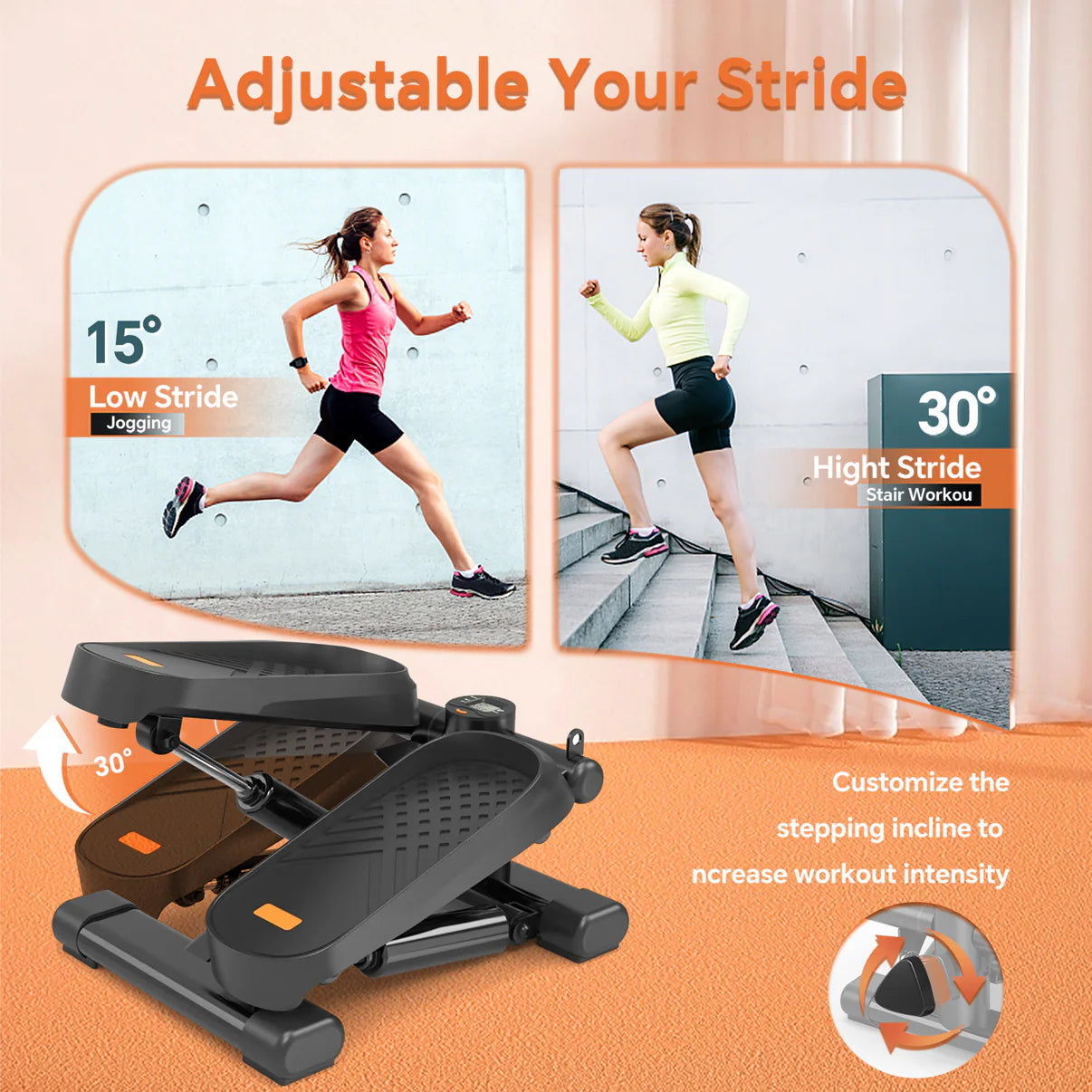 Compact mini stepper with LCD monitor &amp; resistance bands for home workouts